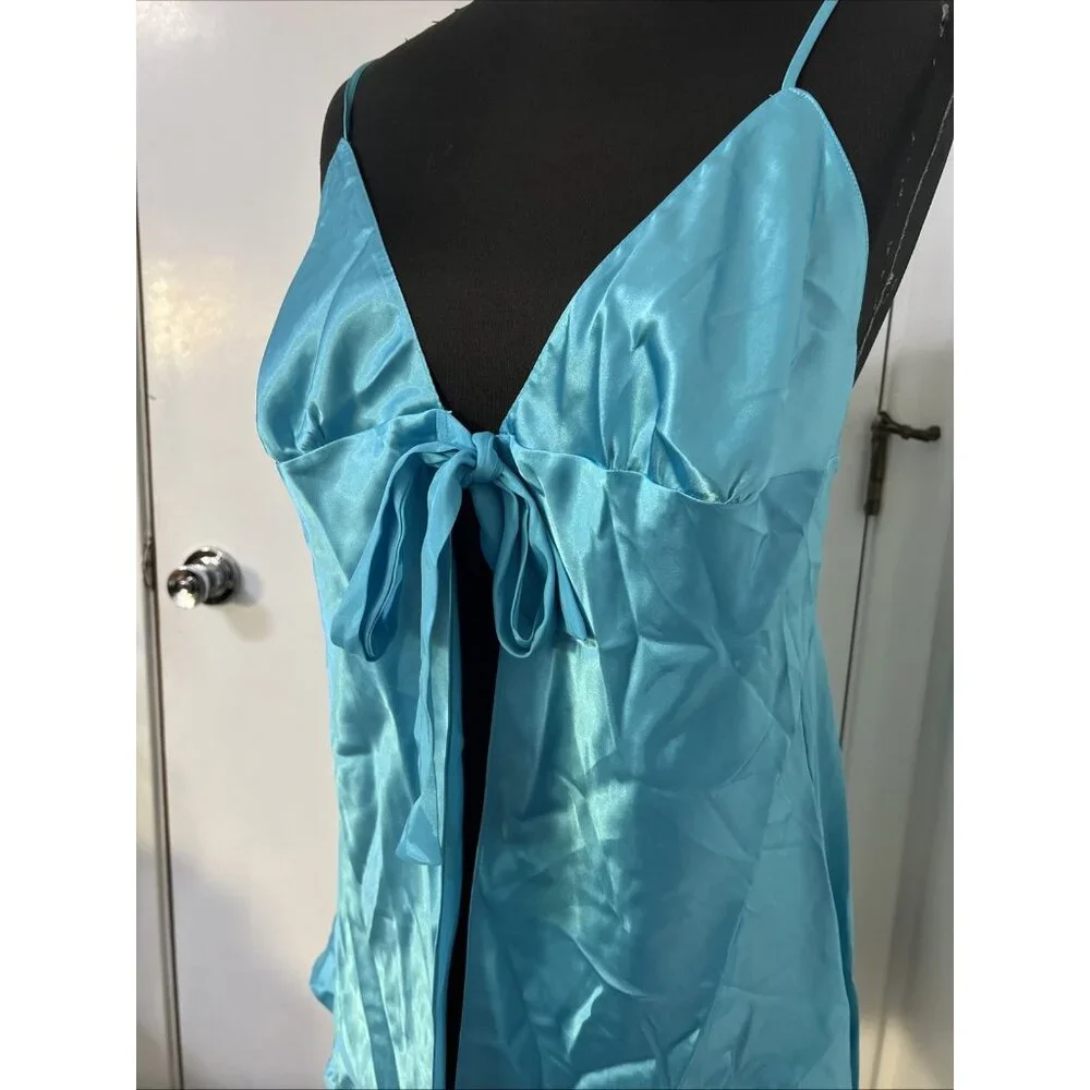 VICTORIA'S SECRET Babydoll Blue SATIN Nightgown Slip Dress Open‎ Tie Front VTG